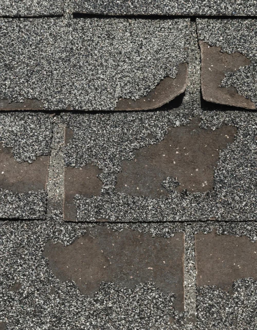 Worn asphalt shingles with granules missing and the mat showing through