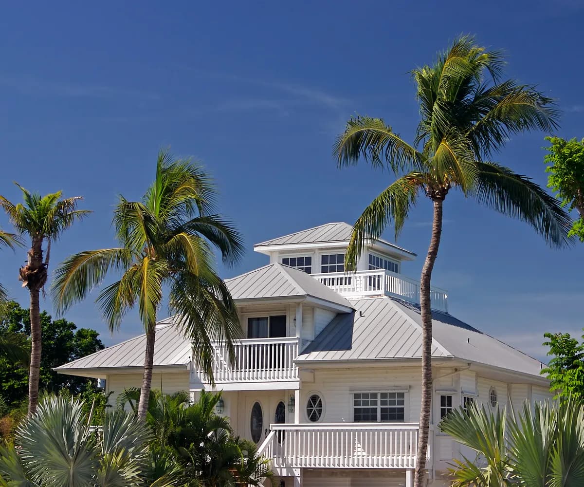 Elevated beach home with standing seam metal roofs and coconut palms
